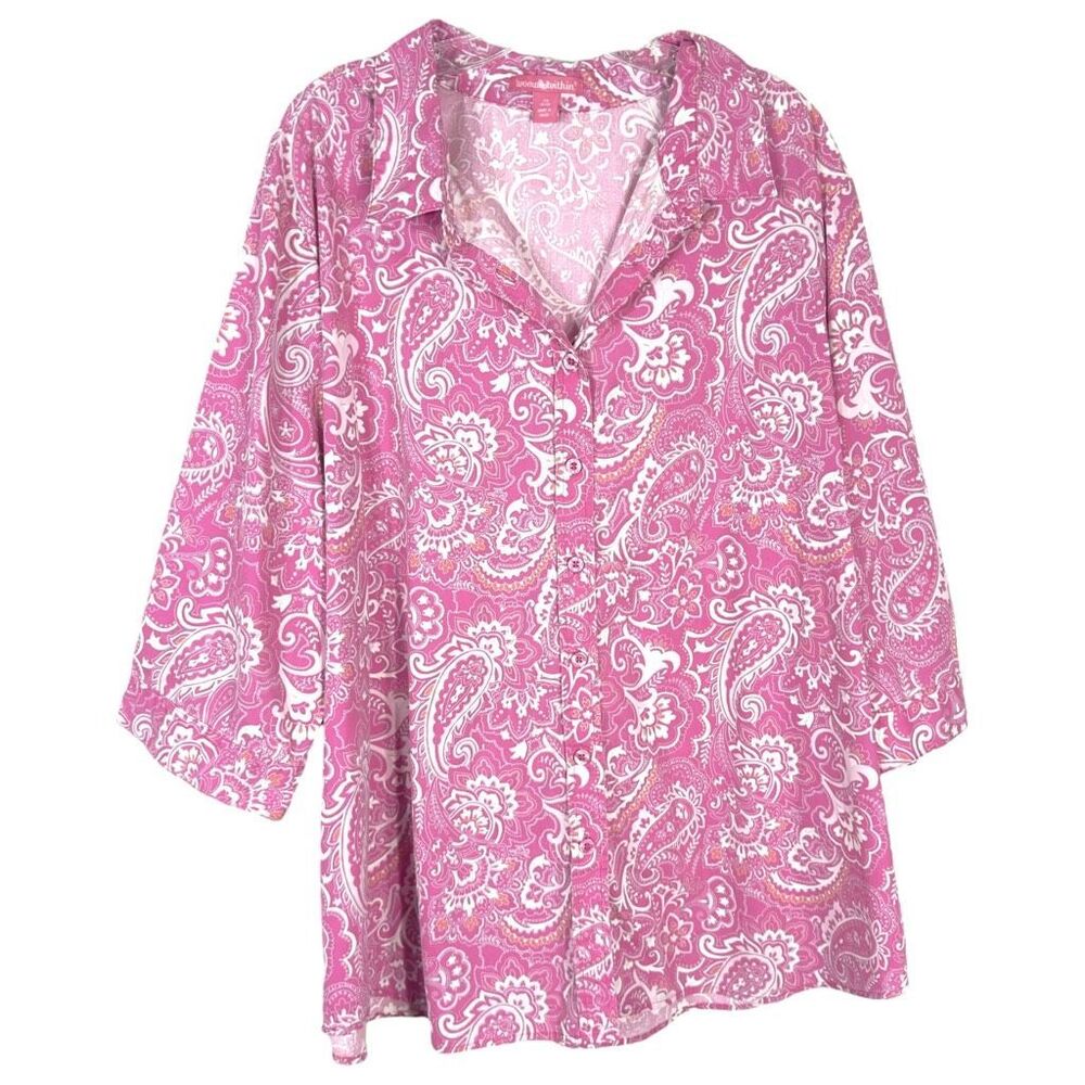 Woman Within Plus Size 26W 28W Top 2X Pink White Paisley Button Down Cotton 1240